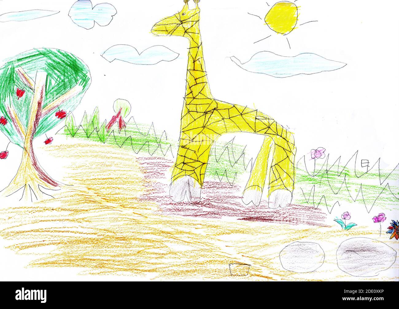 Kid 5 years old drawing sketch illustration of cute yellow giraffe on a summer landscape Stock Photo