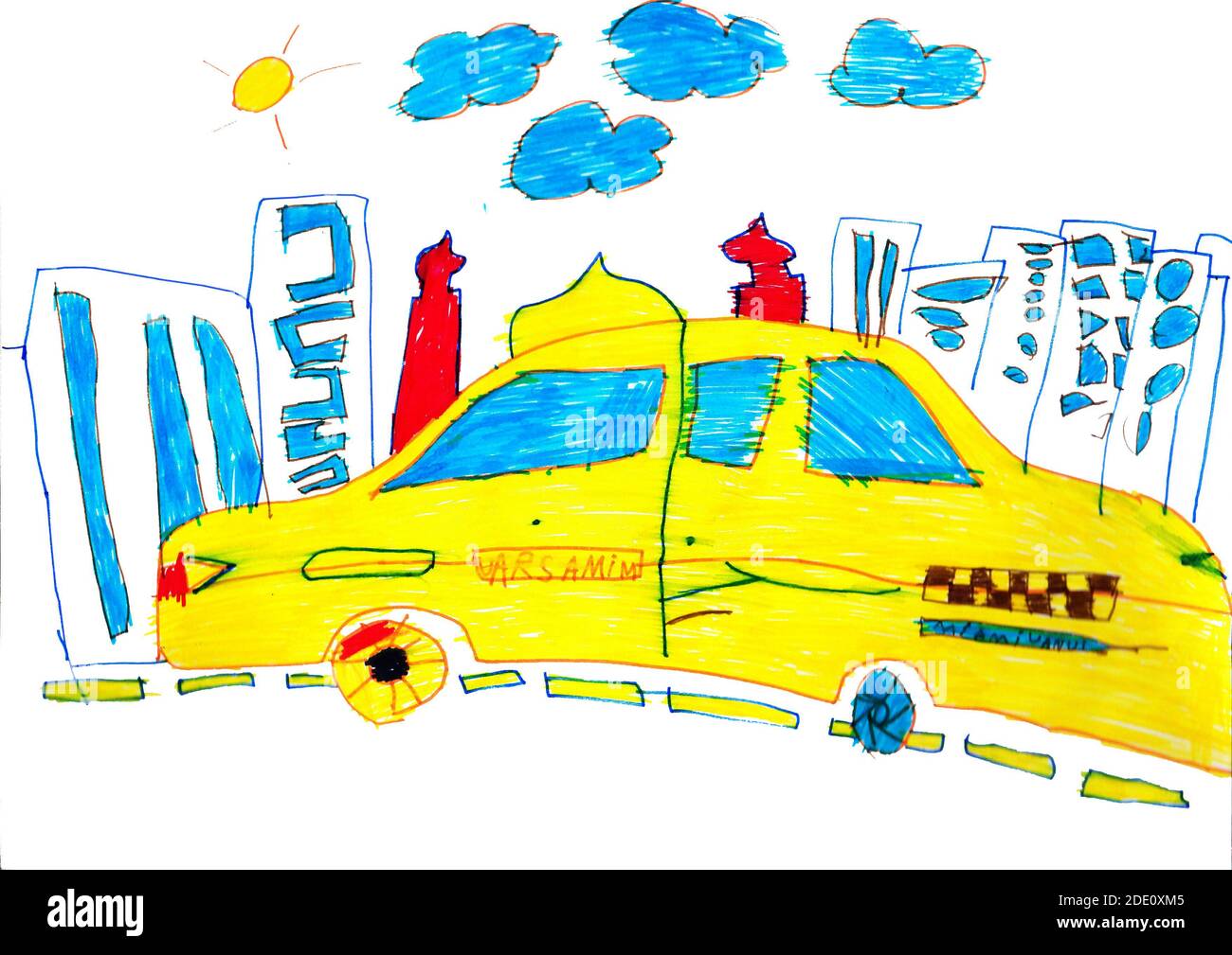 kid 5 years old drawing sketch yellow taxi car in the city ilustration Stock Photo