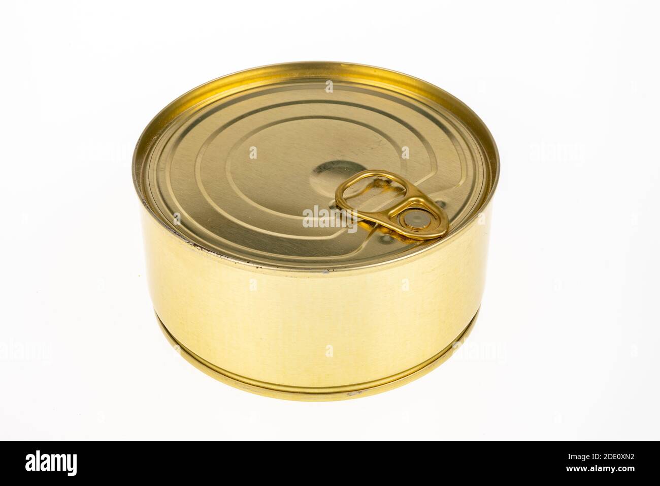 Canned metal with meat inside. Food with a long shelf life. Light