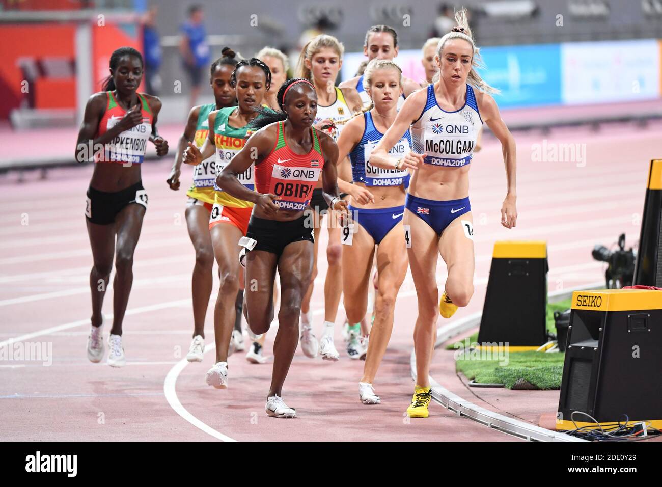 Eilish McColgan (GBR), Karissa Schweizer (USA), Hellen Obiri (KEN), Tsehay Gemechu. 5000 metres women final. IAAF World Athletics Championships, Doha Stock Photo