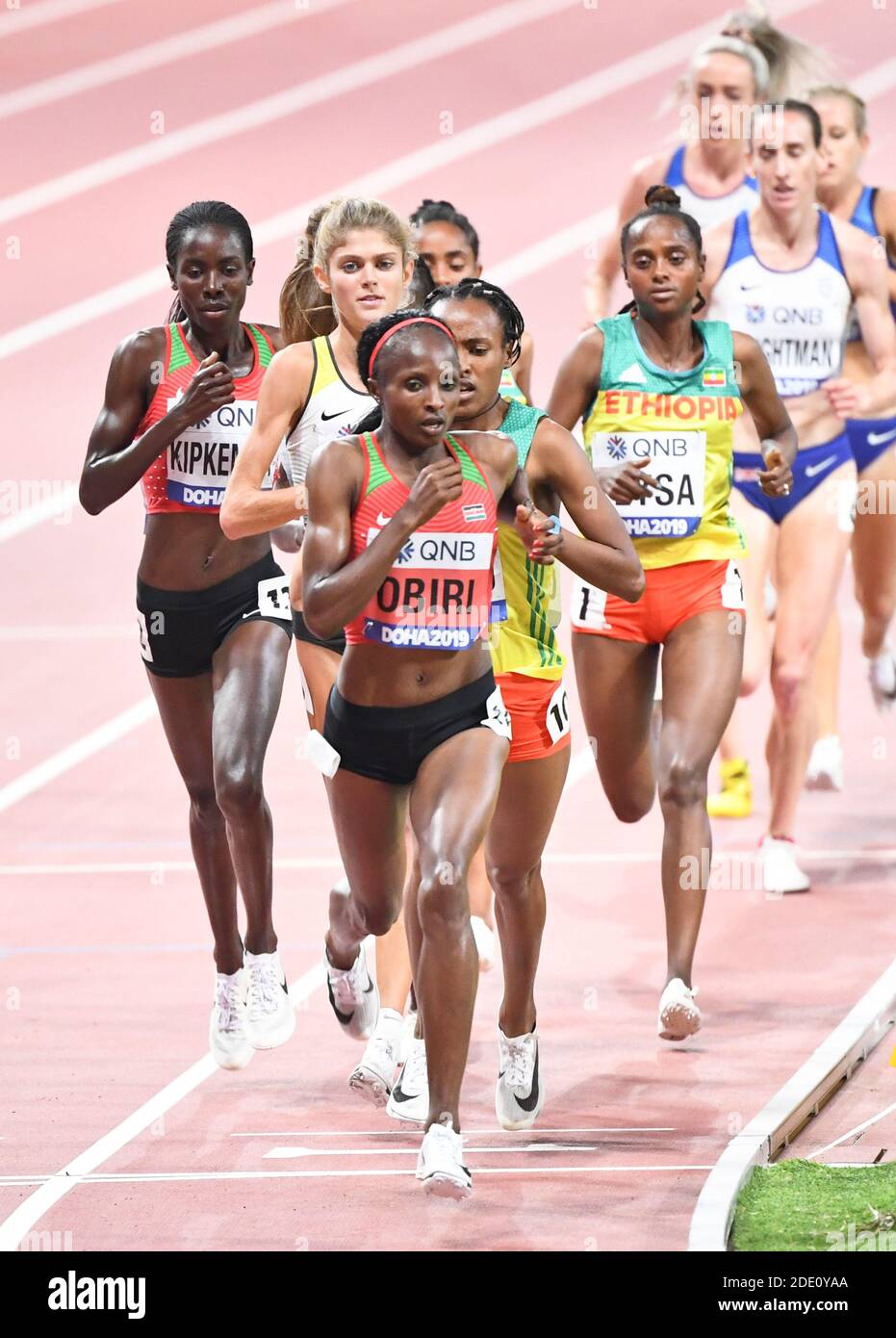 Hellen Obiri (KEN), Margaret Chelimo Kipkemboi (KEN), Konstanze Klosterhalfen (GER). 5000 metres women final. World Athletics Championships, Doha 2019 Stock Photo