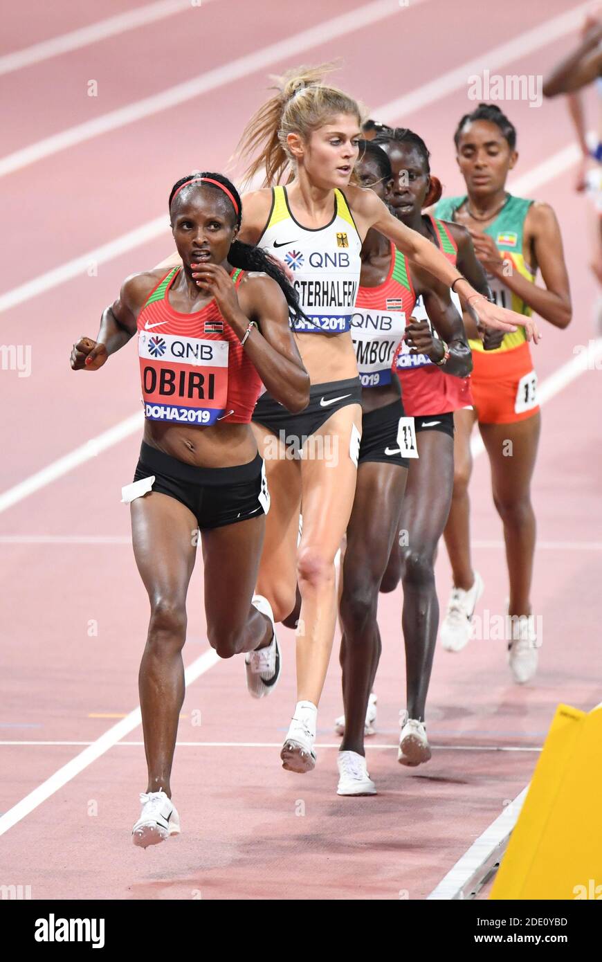 Hellen Obiri (KEN), Margaret Chelimo Kipkemboi (KEN), Konstanze Klosterhalfen (GER). 5000 metres women final. World Athletics Championships, Doha 2019 Stock Photo