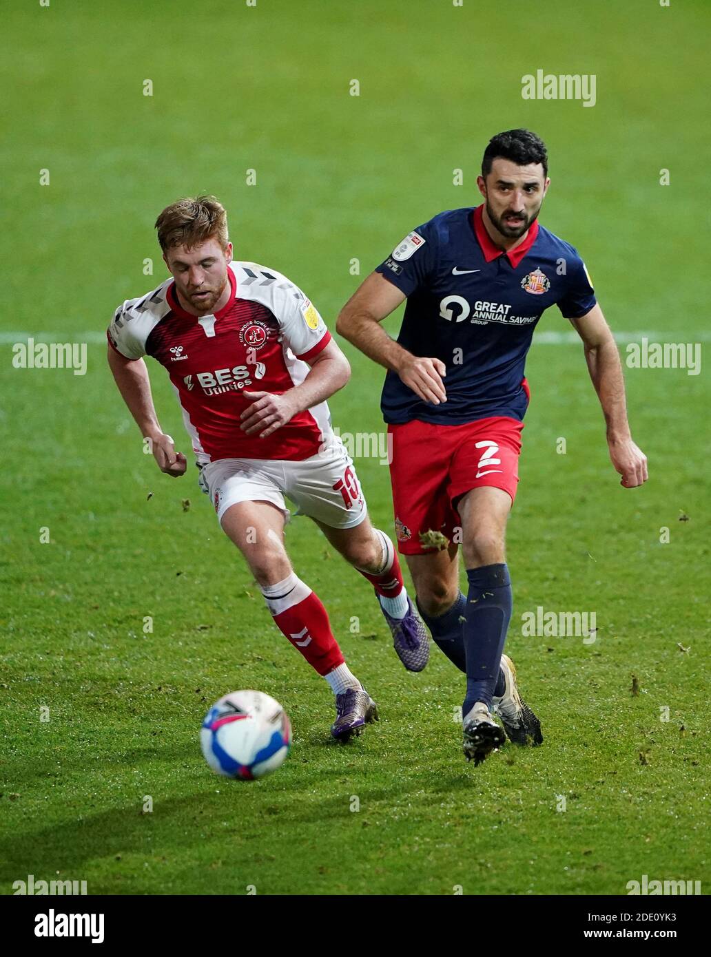Fleetwood Town’s Callum Camps (left) and Sunderland’s Conor McLaughlin battle for the ball during the Sky Bet League One match at the Highbury Stadium, Fleetwood. Stock Photo