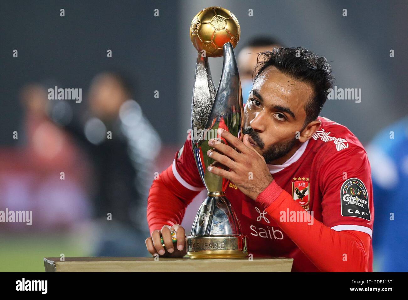 Cairo, Egypt. 27th Nov, 2020. Al Ahly's Kahraba kisses the trophy as his team celebrates winning the African Champions League Final soccer match against Zamalek at Cairo International Stadium. Credit: Samer Abdallah/dpa/Alamy Live News Stock Photo