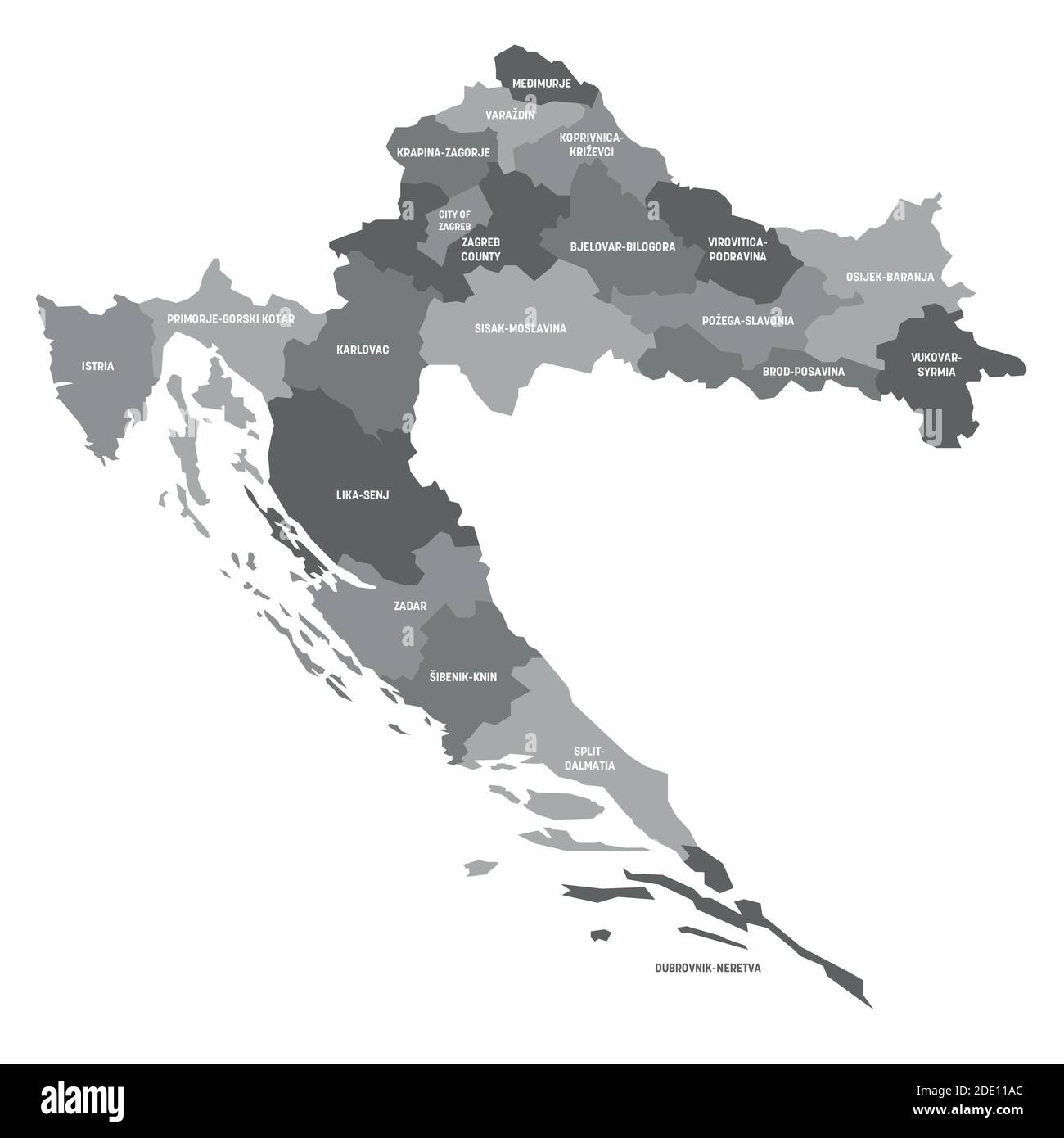 Gray political map of Croatia. Administrative divisions - counties. Simple flat vector map with labels. Stock Vector