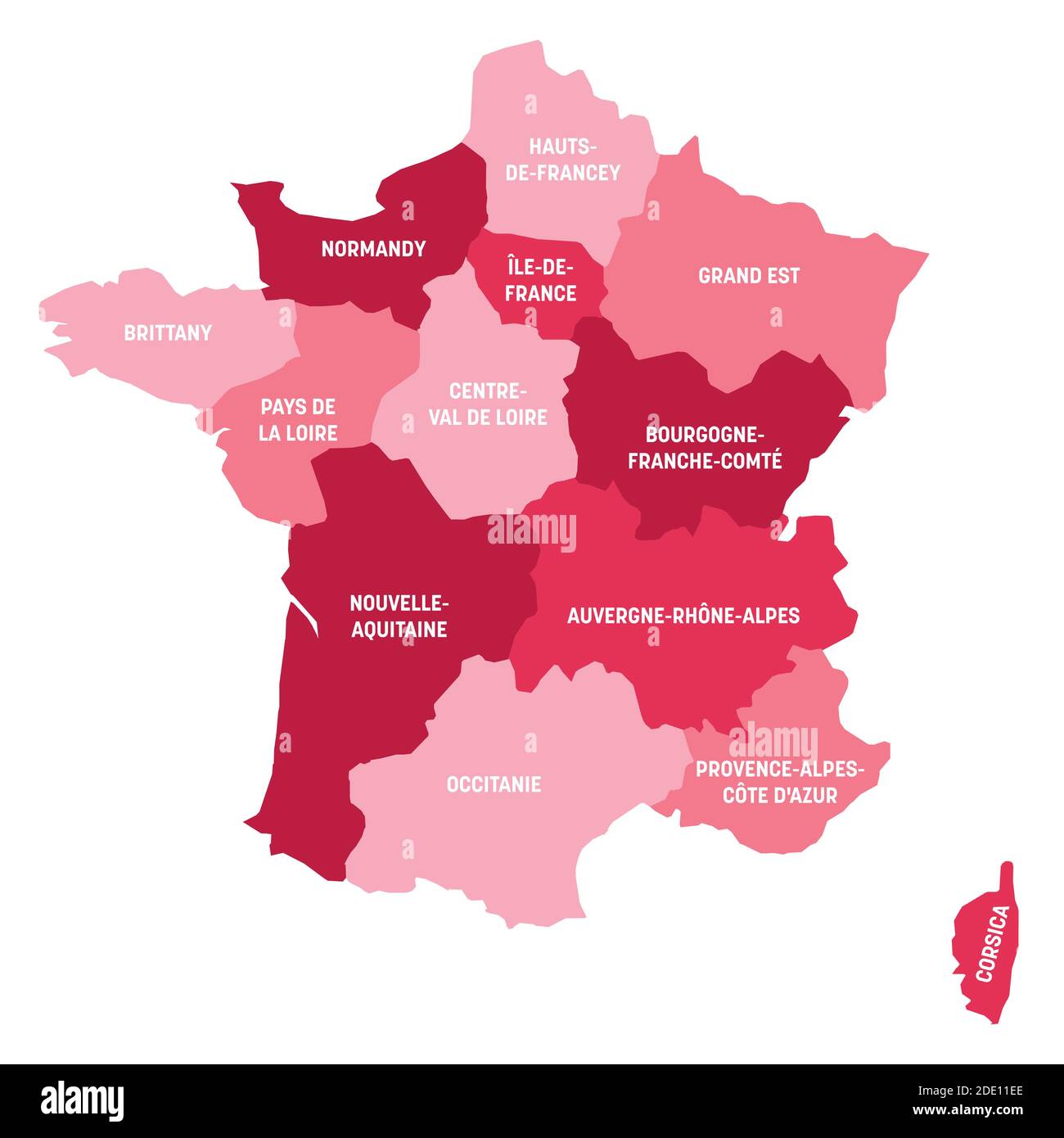 Pink political map of France. Administrative divisions - metropolitan regions. Simple flat vector map with labels. Stock Vector