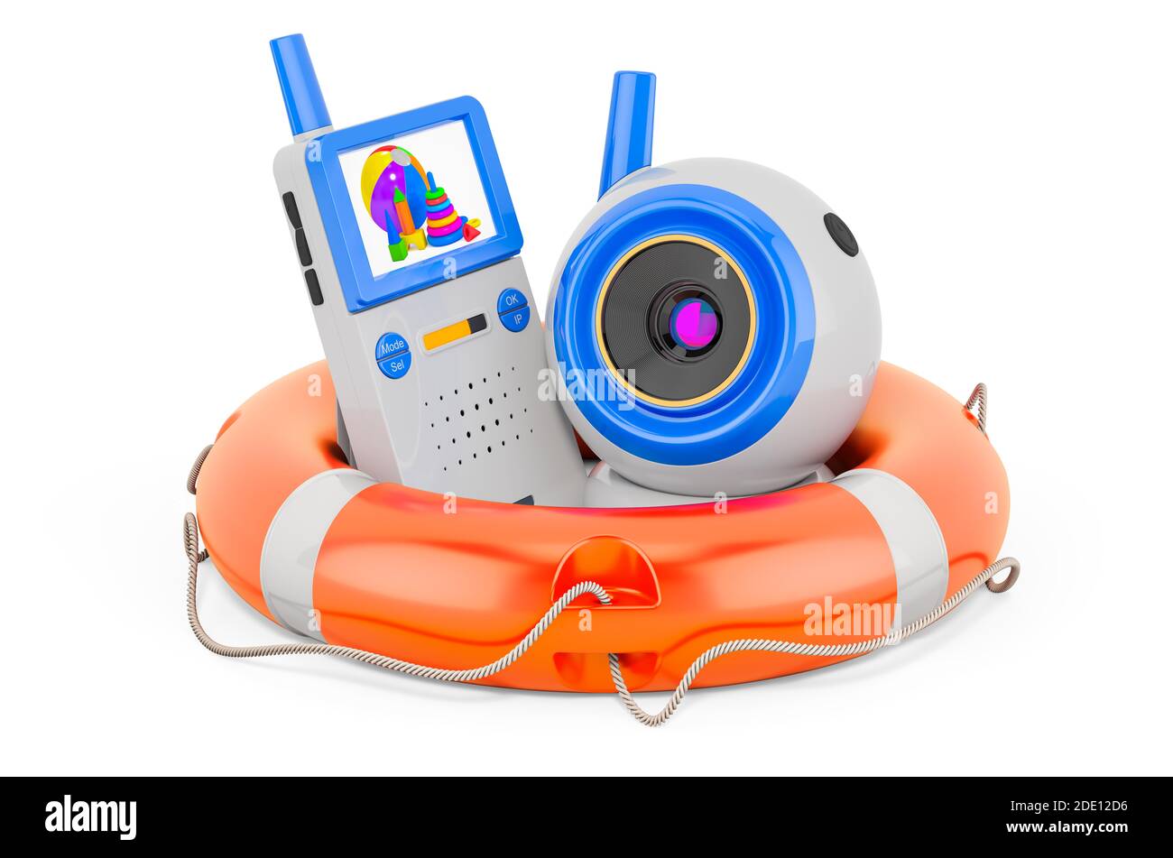 Baby cam with lifebelt, 3D rendering isolated on white backgroun Stock ...