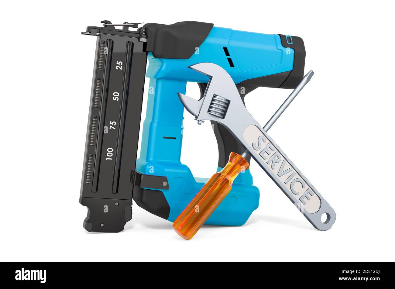 Service and repair of electric brad nailer, 3D rendering isolated on