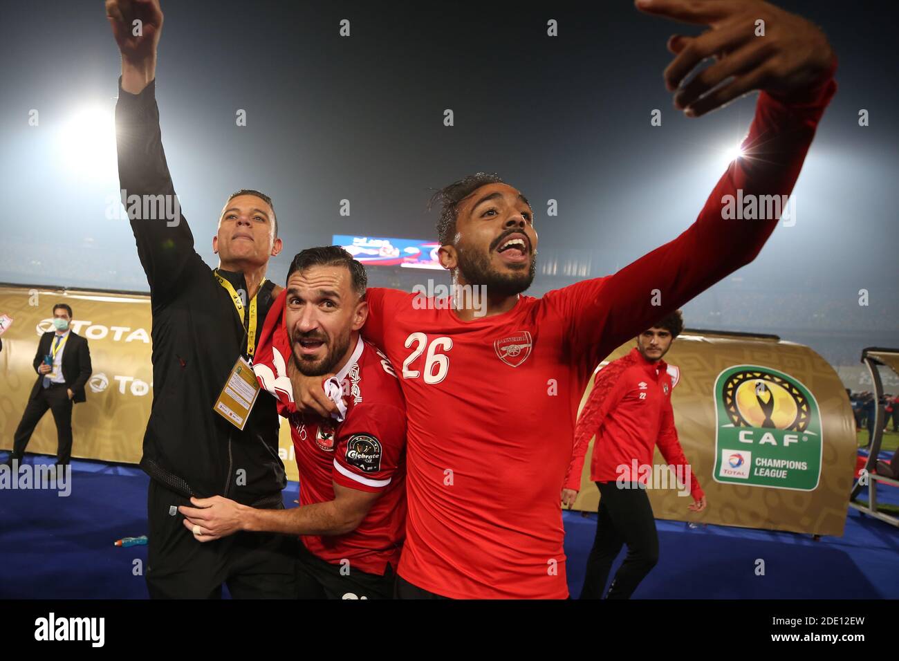 Cairo, Egypt. 27th Nov, 2020. (L-R) Al Ahly's Saad Samir, Ali Maaloul and  Kahraba celebrate after winning the African Champions League Final soccer  match against Zamalek at Cairo International Stadium. Credit: Sameh