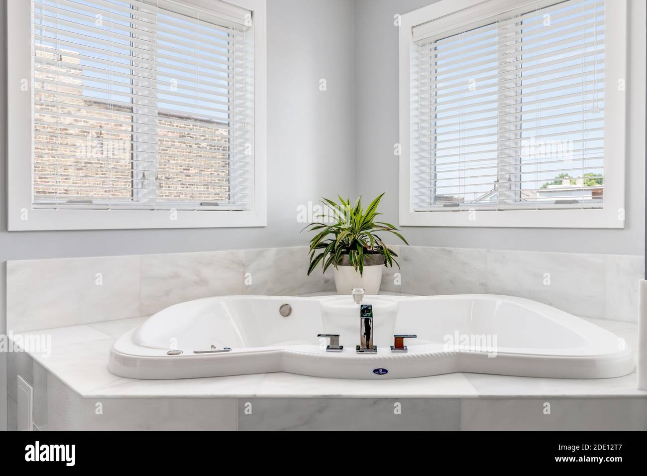 A jacuzzi tub in a luxury bathroom surrounded by windows and a plant sitting on the marble tile. Stock Photo