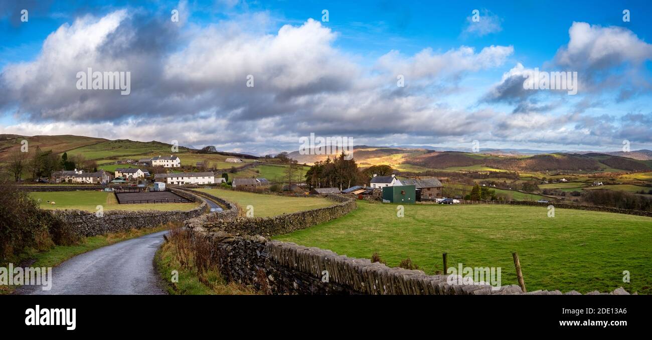 The small hamlet of Gawthwaite sits high on the side of Gawthwiate Moor overlooking the Crake Valley. Stock Photo