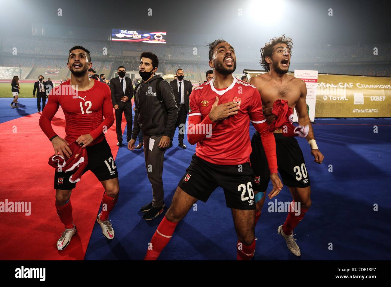 Cairo, Egypt. 27th Nov, 2020. (L-R) Al Ahly's Ayman Ashraf, Kahraba and Mohamed Hany celebrate after winning the African Champions League Final soccer match against Zamalek at Cairo International Stadium. Credit: Sameh Abo Hassan/dpa/Alamy Live News Stock Photo