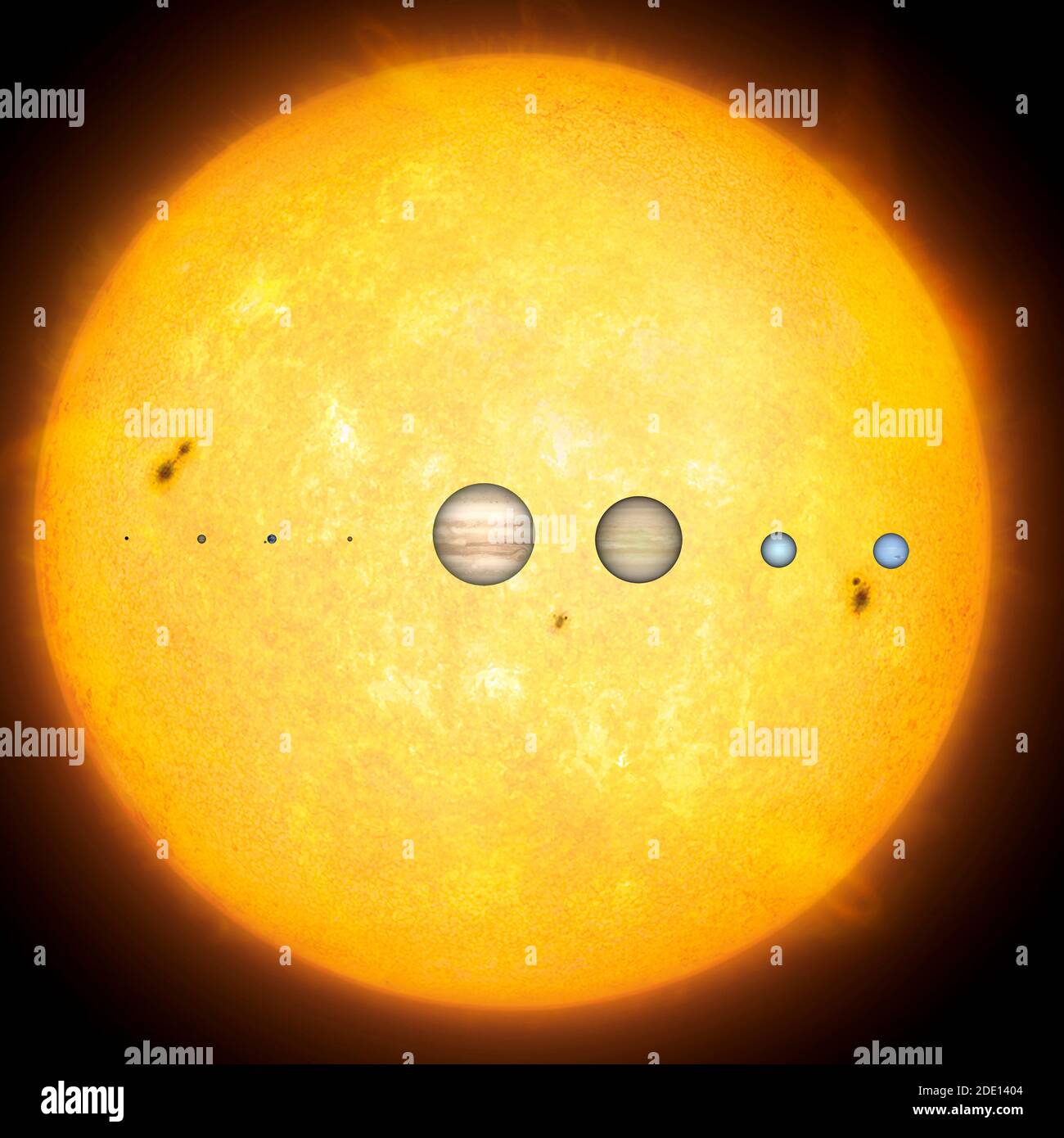 Planets compared to the Sun Stock Photo