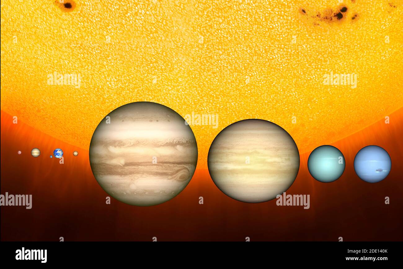 Planets compared to the Sun Stock Photo