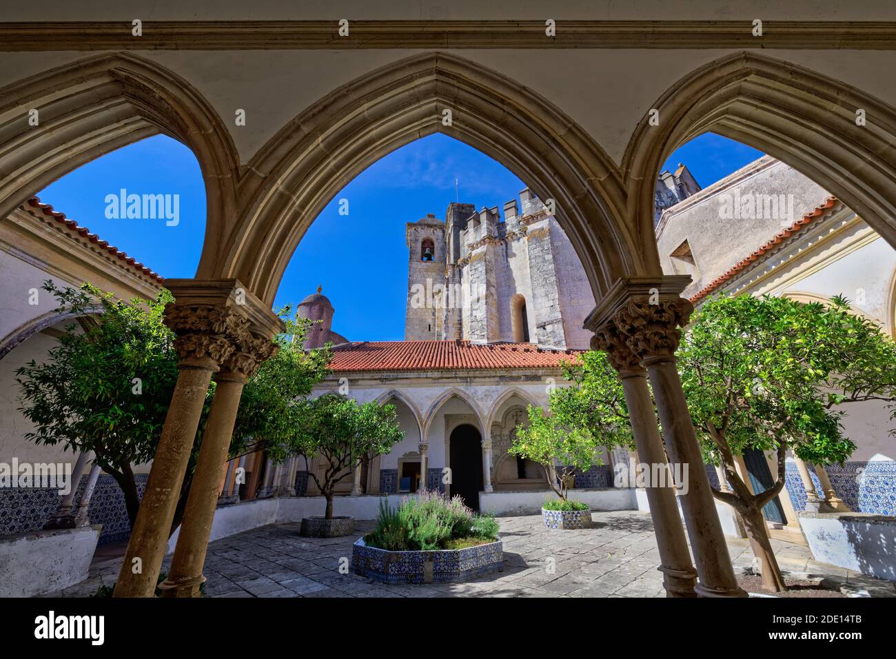 Cemetery cloister and rounded Templar Church, Castle and Convent of the Order of Christ (Convento do Cristo), UNESCO, Tomar, Portugal Stock Photo