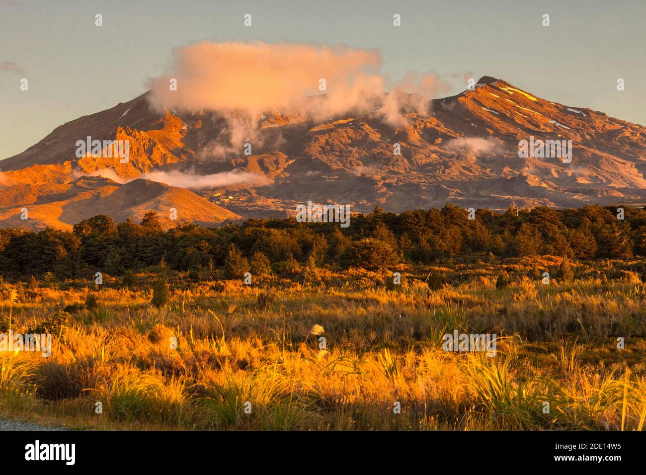 Mount Ruapehu at sunset, Tongariro National Park, UNESCO World Heritage Site, North Island, New Zealand, Pacific Stock Photo