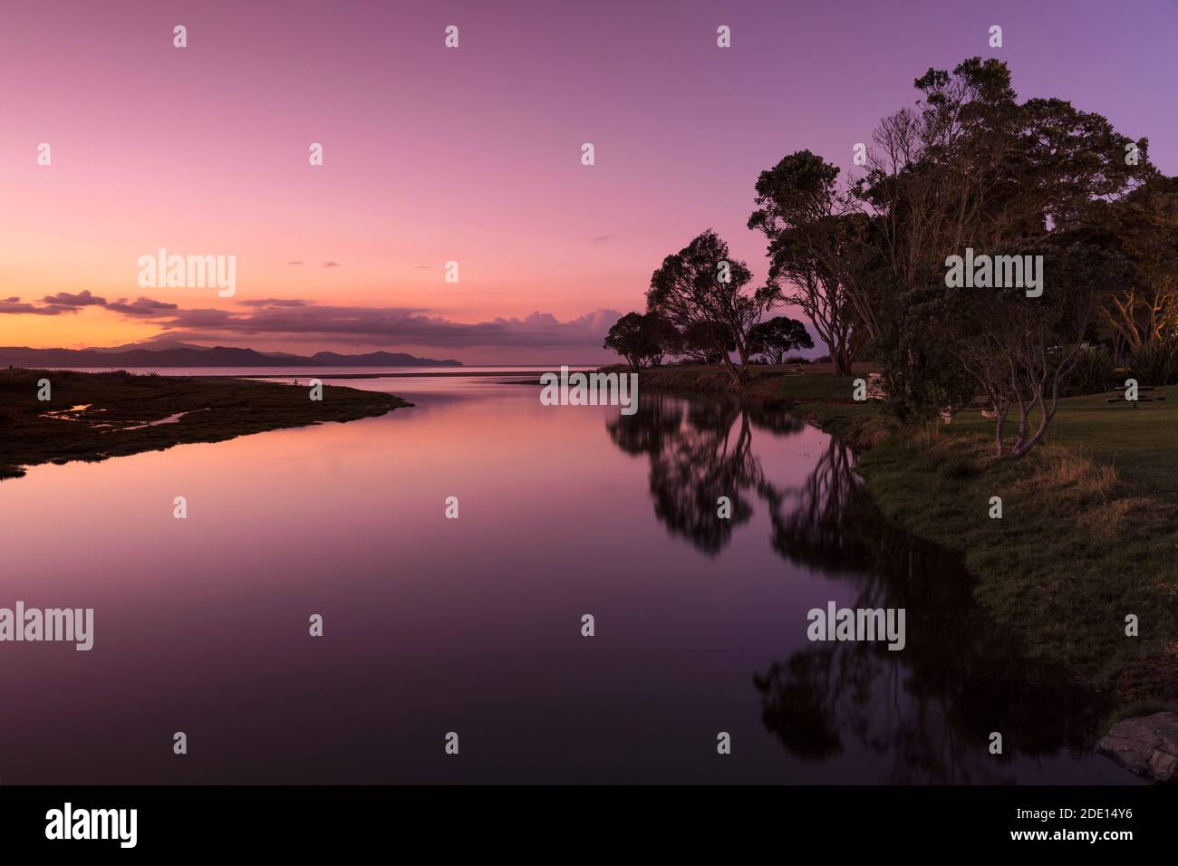 Sunset at Kuaotuno River, Coromandel Peninsula, Waikato, North Island, New Zealand, Pacific Stock Photo