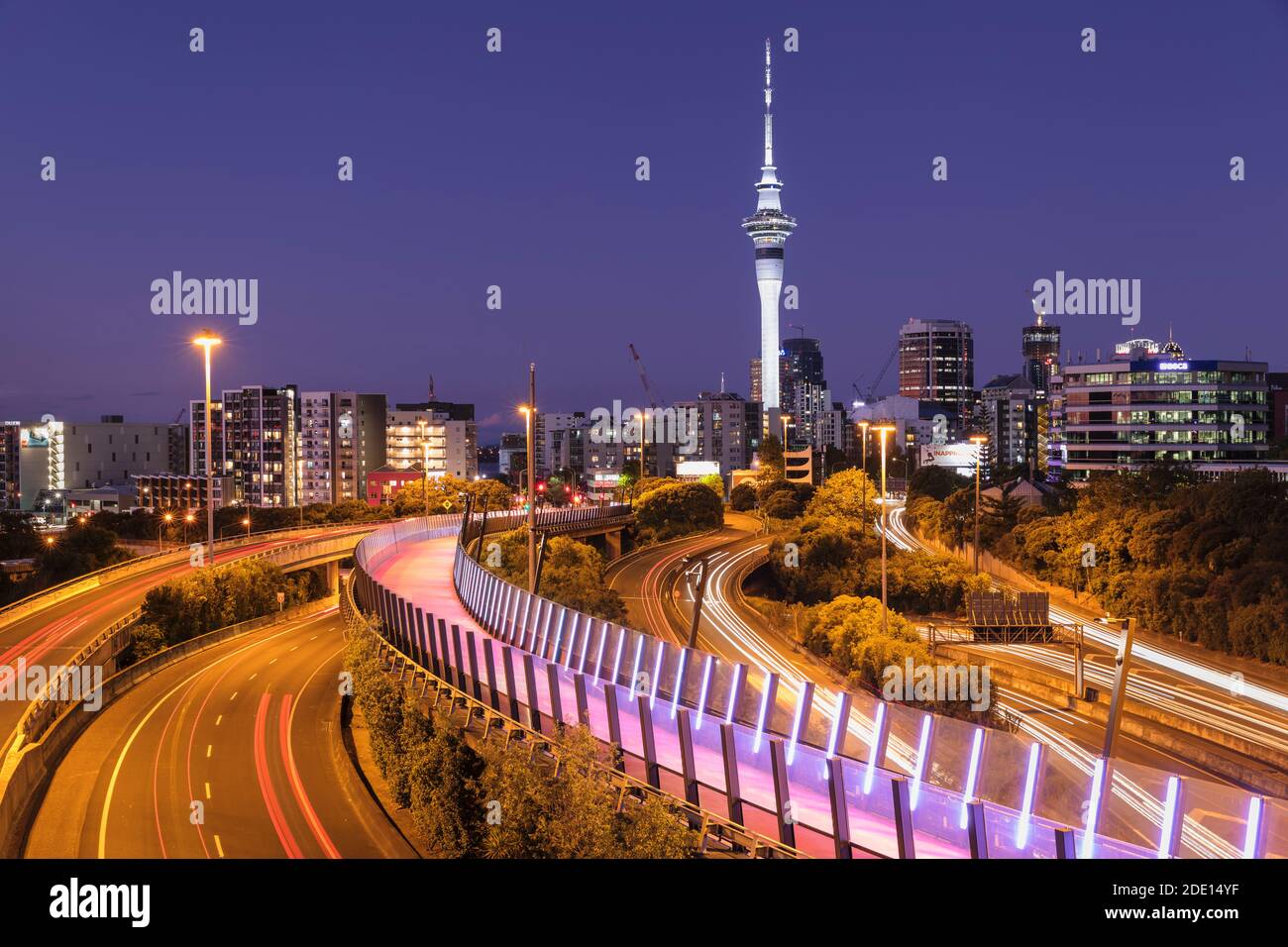 View from Lightpath to Sky Tower, Auckland, North Island, New Zealand, Pacific Stock Photo