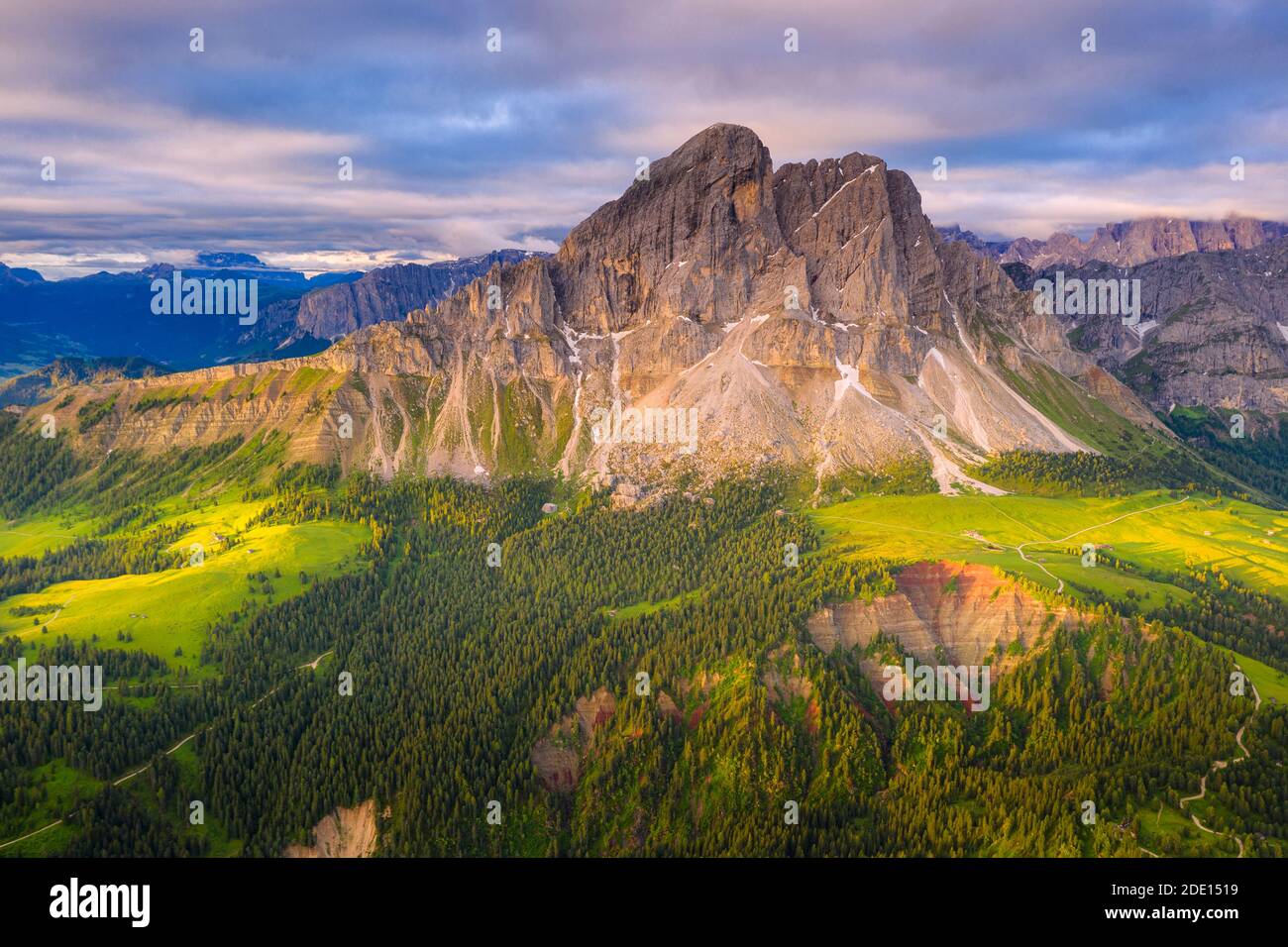 Aerial view of Sass De Putia (Peitlerkofel) and canyon surrounded by woods, Passo Delle Erbe, Dolomites, South Tyrol, Italy, Europe Stock Photo