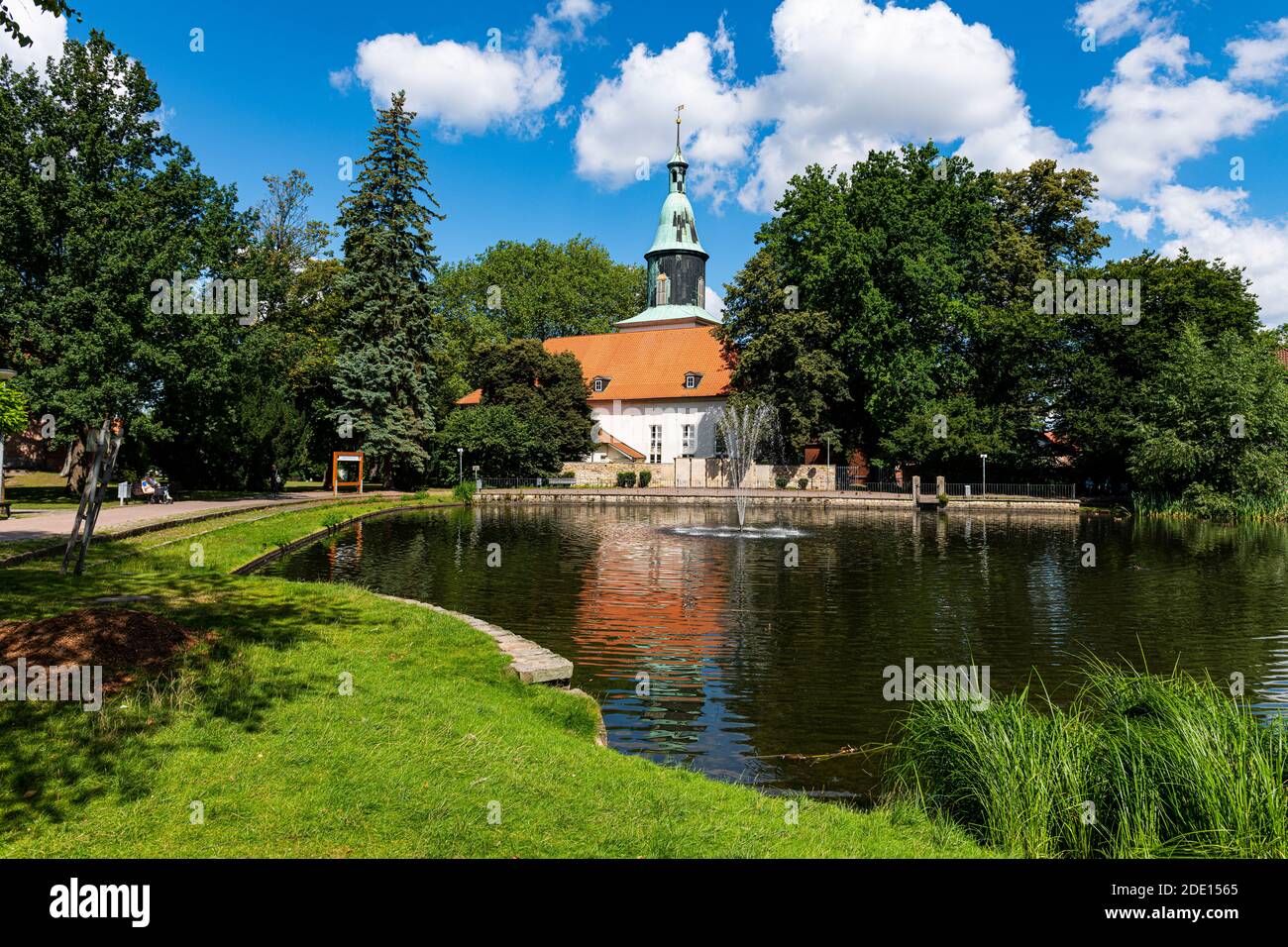 Pond in front of the Michaelis Church in Fallersleben, Wolfsburg, Lower Saxony, Germany, Europe Stock Photo