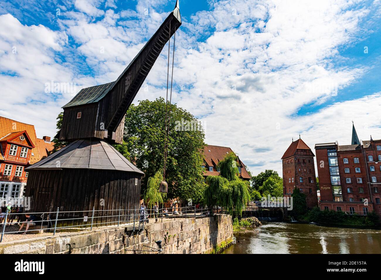 Old harbour with treadwheel crane and Altes Kaufhaus, Luneburg, Lower Saxony, Germany, Europe Stock Photo