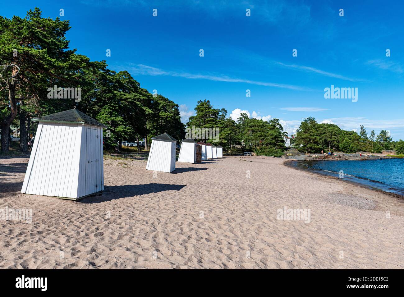 Beach huts on a deserted beach, Hanko, southern Finland, Europe Stock Photo