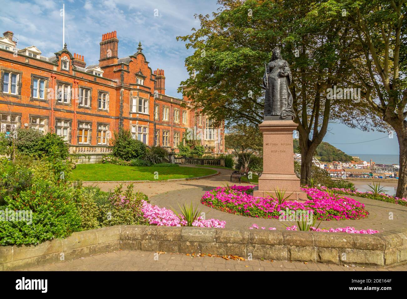 View of Queen Victoria statue and council building, Scarborough, North Yorkshire, Yorkshire, England, United Kingdom, Europe Stock Photo
