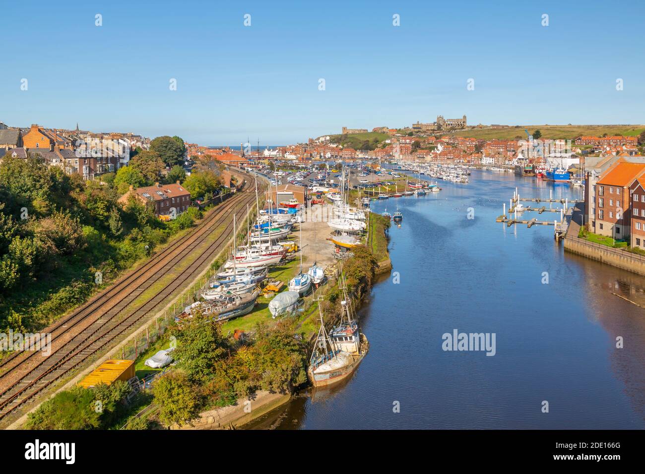 View of Whitby and River Esk from high bridge, North Yorkshire, England, United Kingdom, Europe Stock Photo
