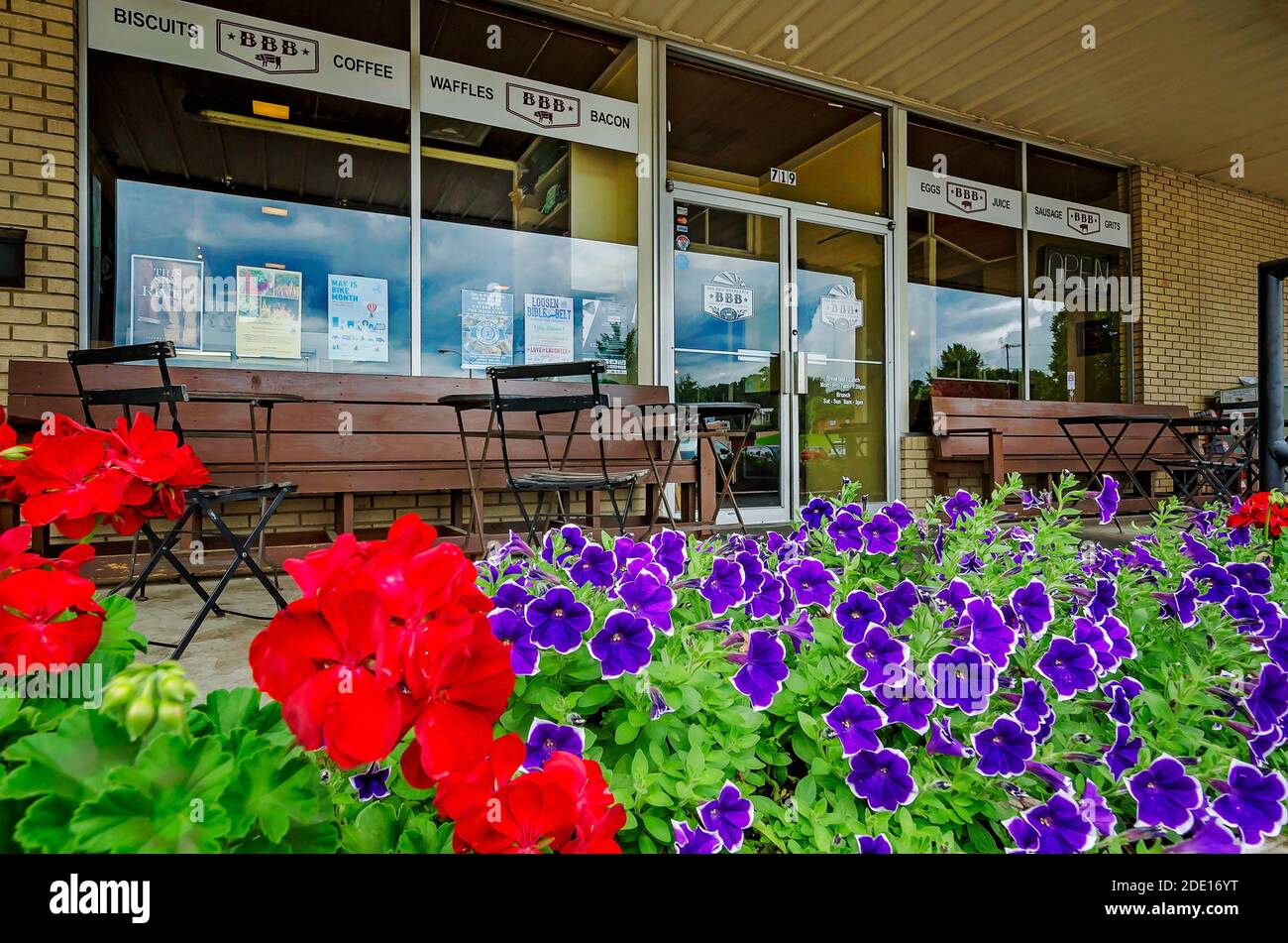 Flowers bloom in front of Big Bad Breakfast, May 31, 2015, in Oxford, Mississippi. The restaurant was founded in 2008 by Chef John Currence. Stock Photo
