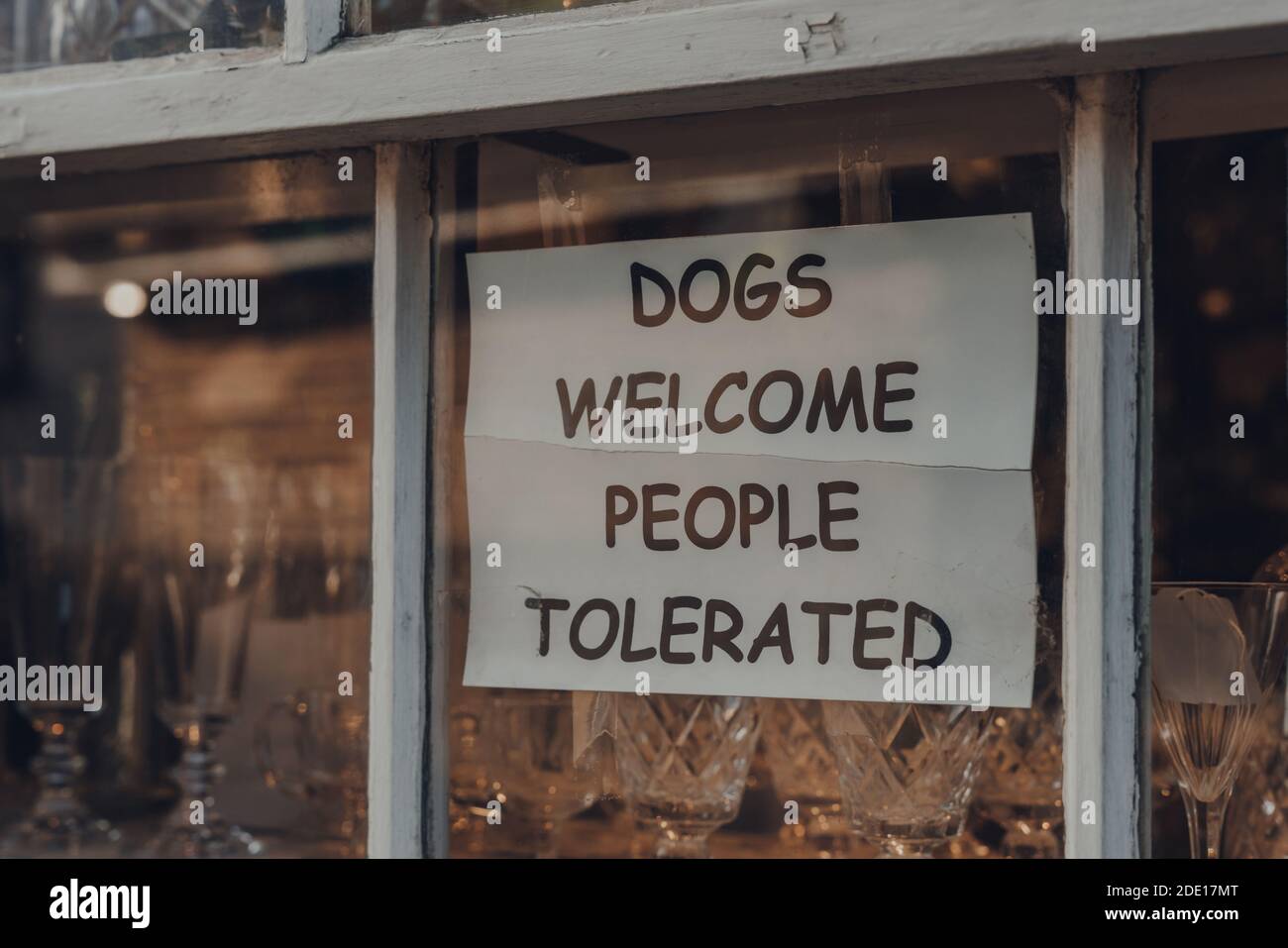 Dogs welcome people tolerated sign on a window of a shop in Rye, East Sussex, UK, selective focus. Stock Photo
