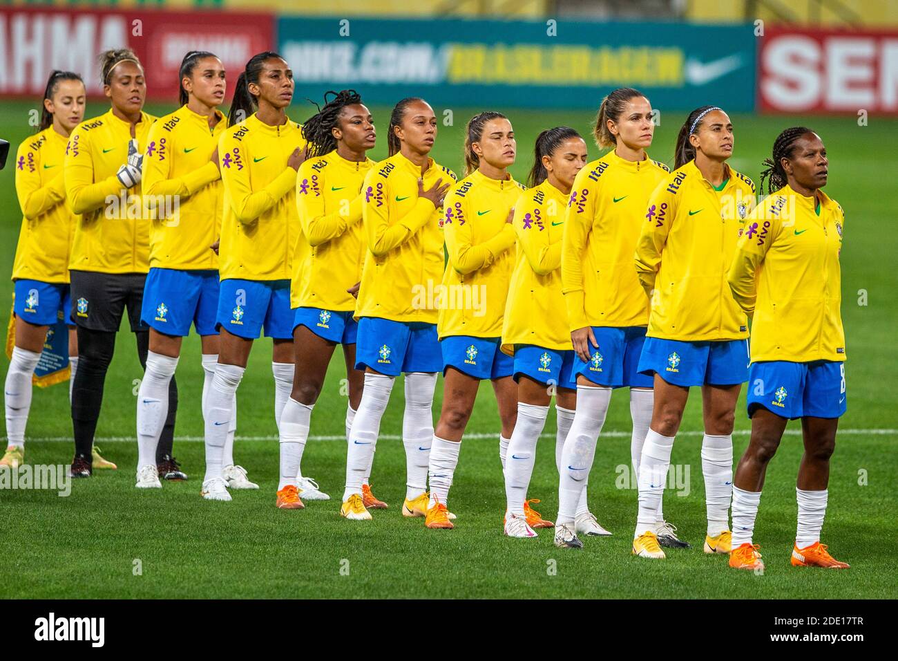 SÃO PAULO, SP - 27.11.2020: BRAZIL VS ECUADOR - Brazilian team during Brazil's national anthem before the match between Brazil and Ecuador, a preparatory game for the Tokyo Olympic Games, held on Friday, November 27, 2020, at the Neo Quimica Arena in Sao Paulo, Brazil (Photo: Richard Callis/Fotoarena) Stock Photo