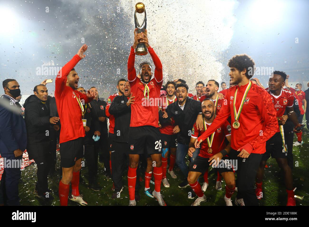 Cairo, Egypt. 27th Nov, 2020. Players of Egypt's Al Ahly celebrate during the trophy ceremony after the final match of the CAF Champions League in Cairo, Egypt, Nov. 27, 2020. Credit: Ahmed Gomaa/Xinhua/Alamy Live News Stock Photo