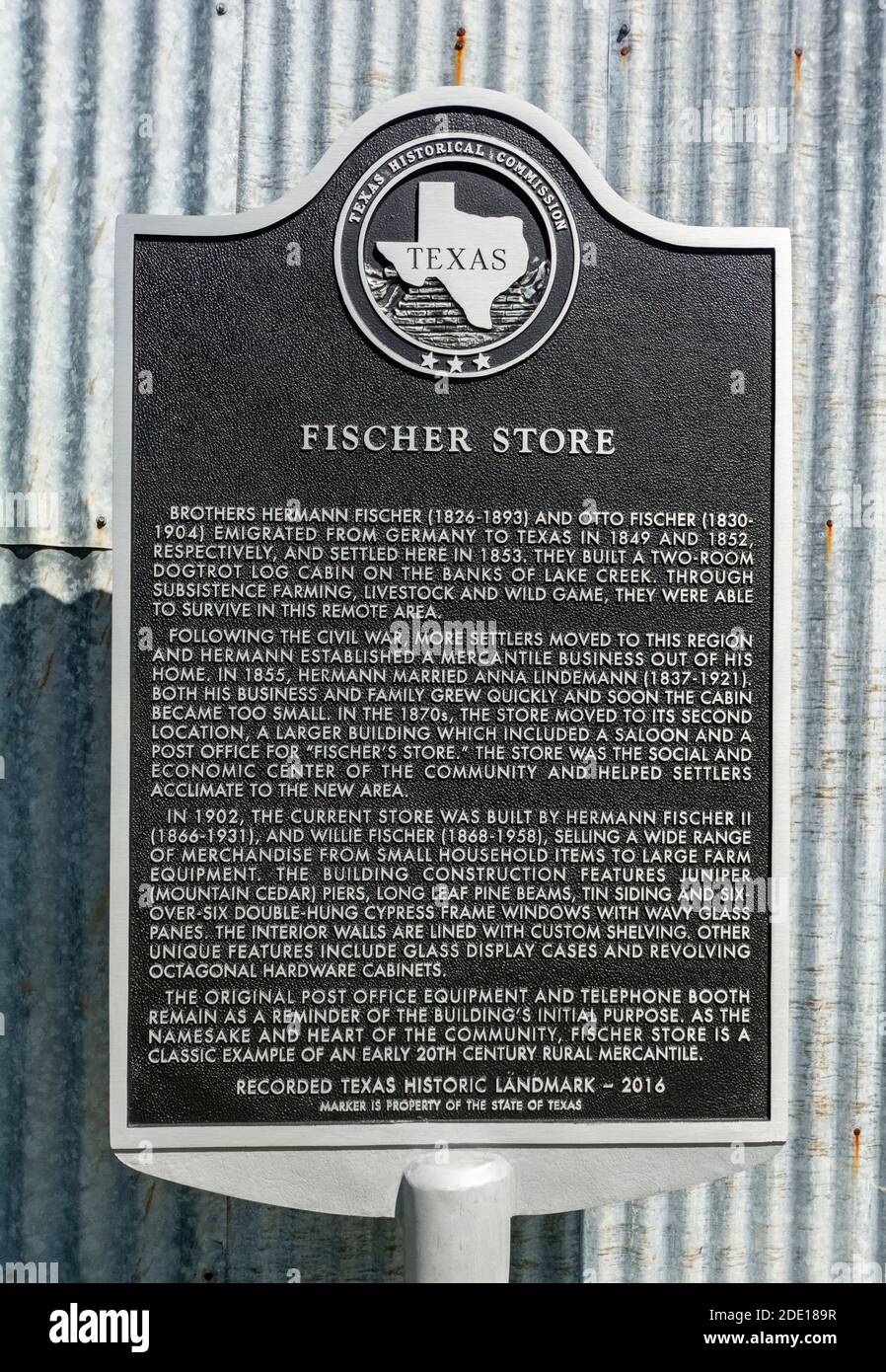 Texas, Comal County, Fischer Store built 1902, historical information sign Stock Photo