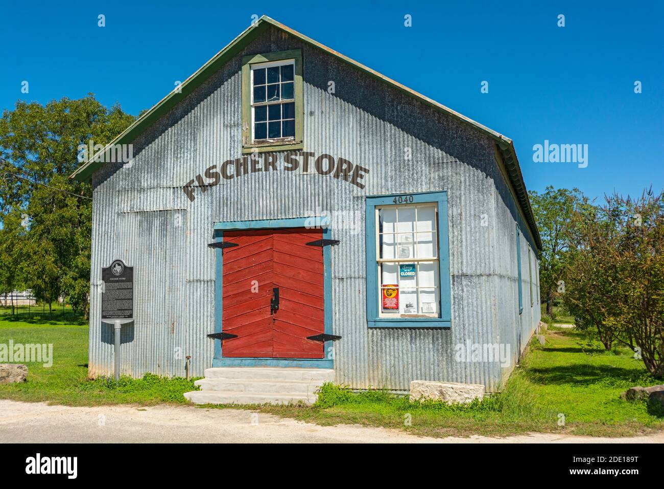 Texas, Comal County, Fischer Store built 1902, historical imformation sign Stock Photo