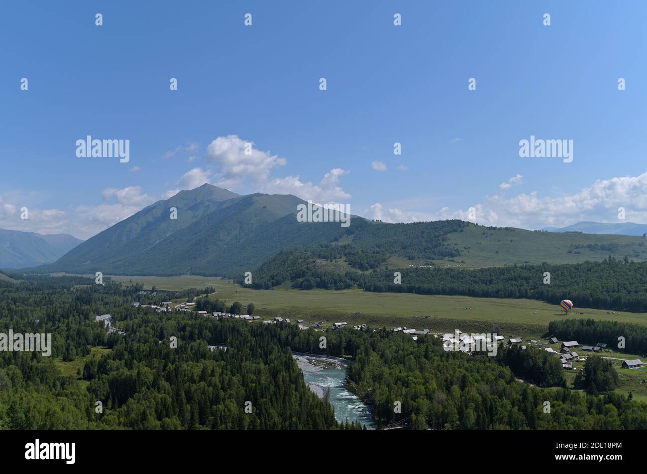 Aerial view of Hemu Village, surrounded by large swathes of birch forests, in the Kanas Nature Reserve, Altai Prefecture, northern Xinjiang, China Stock Photo