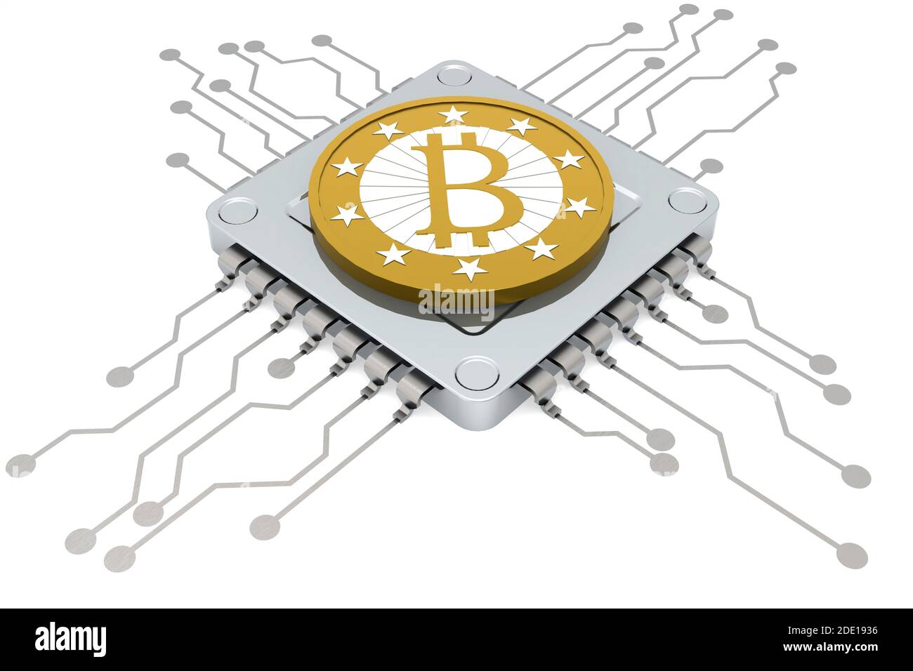 Computer chip and golden Bitcoin isolated, 3d rendering Stock Photo