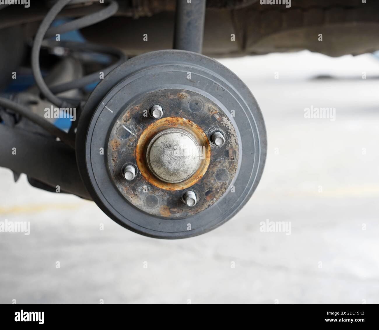 A rear left wheel axle of the car. Stock Photo