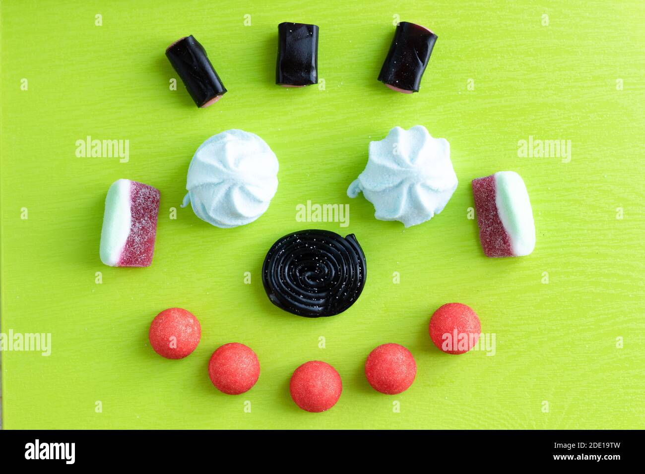Candy teeth sweet smile flat lay colorful fruit marmalade, marshmallow
