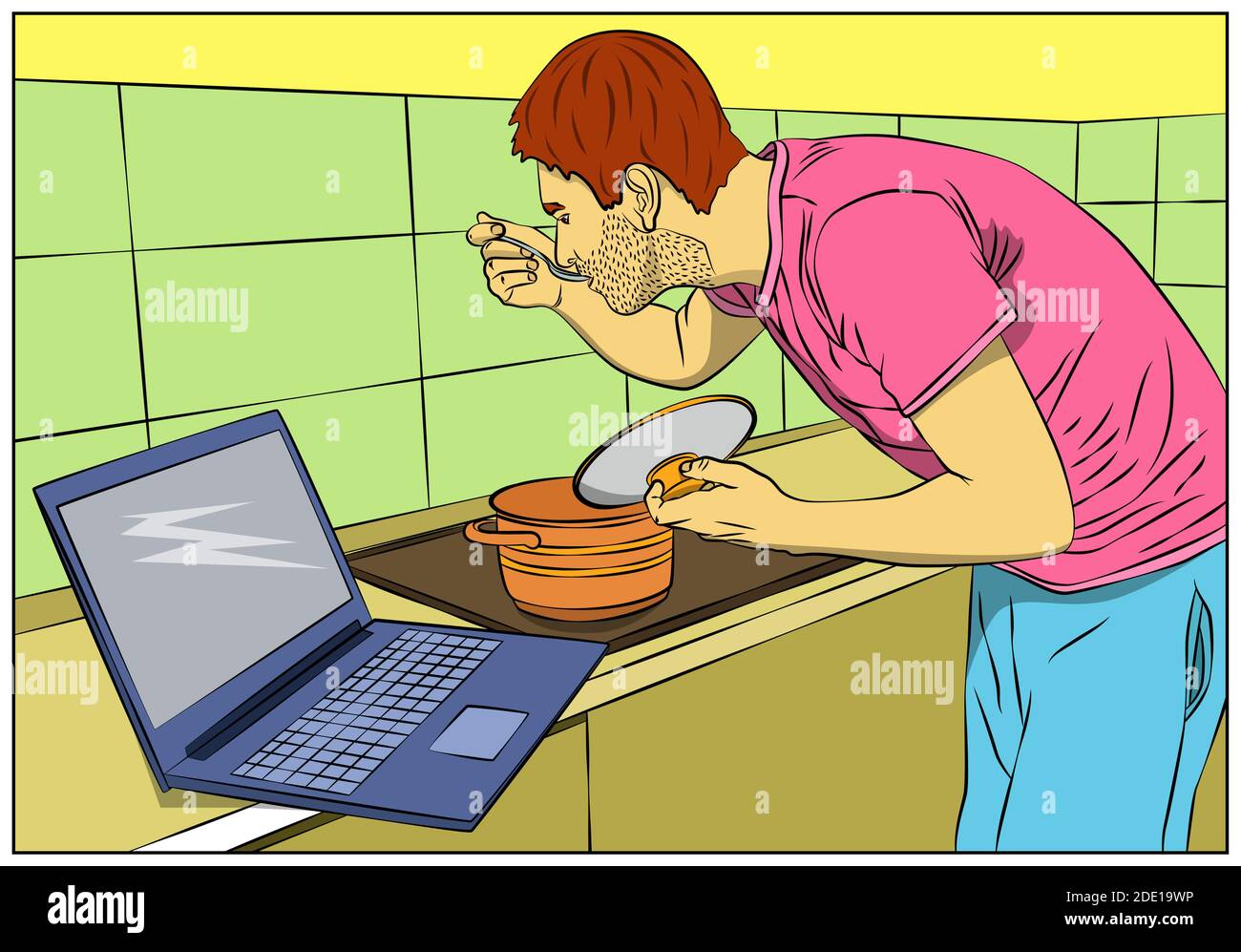 Illustration of a comic book man tasting soup from the pan while standing in the kitchen. Watching a cooking courses online. Cooking at home. Stock Vector