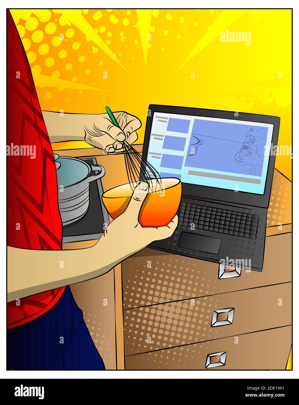 Illustration of a comic book man watching a cooking vlog and beating up eggs in bowl using whip. Baking courses online. Cooking at home. Stock Vector