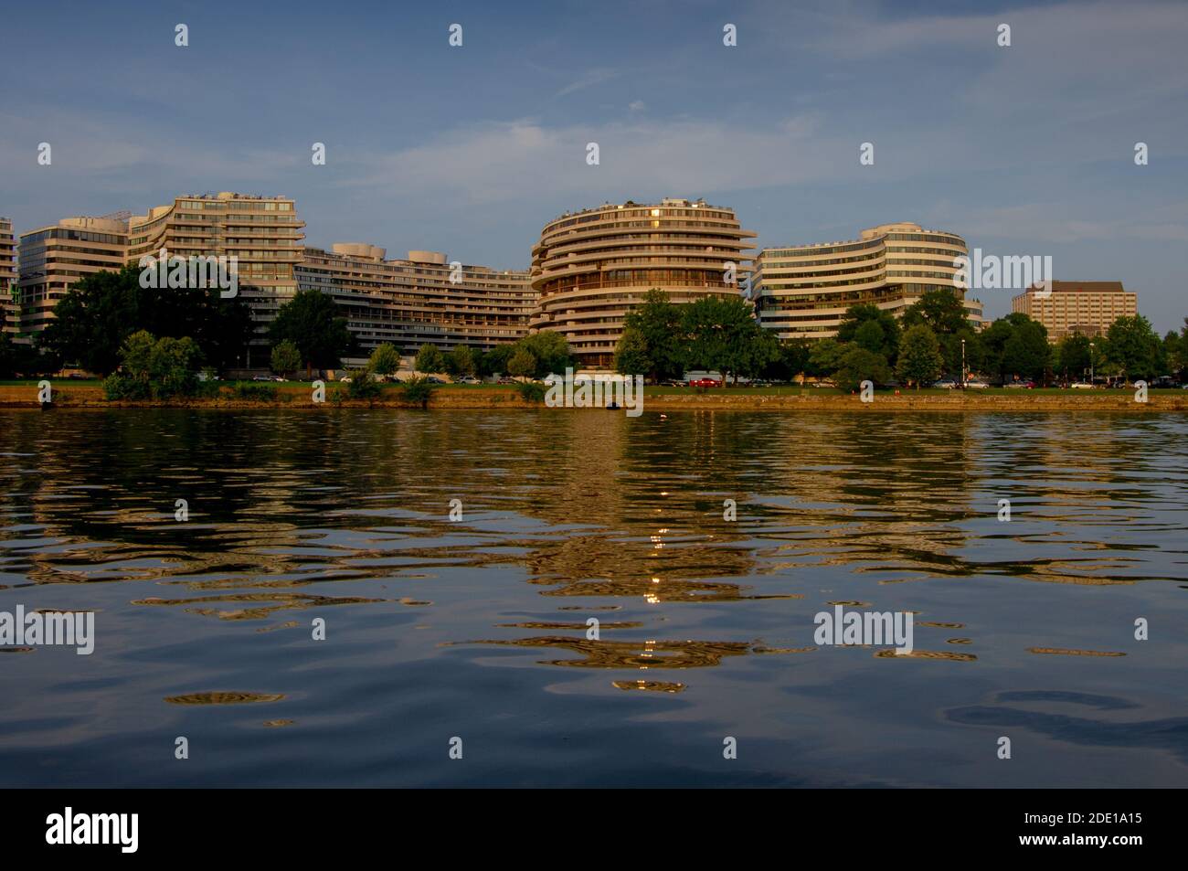 Washington DC--Aug 18, 2018; view of the iconic Watergate Apartment buildings along the Potomac river in the nations capitol Stock Photo