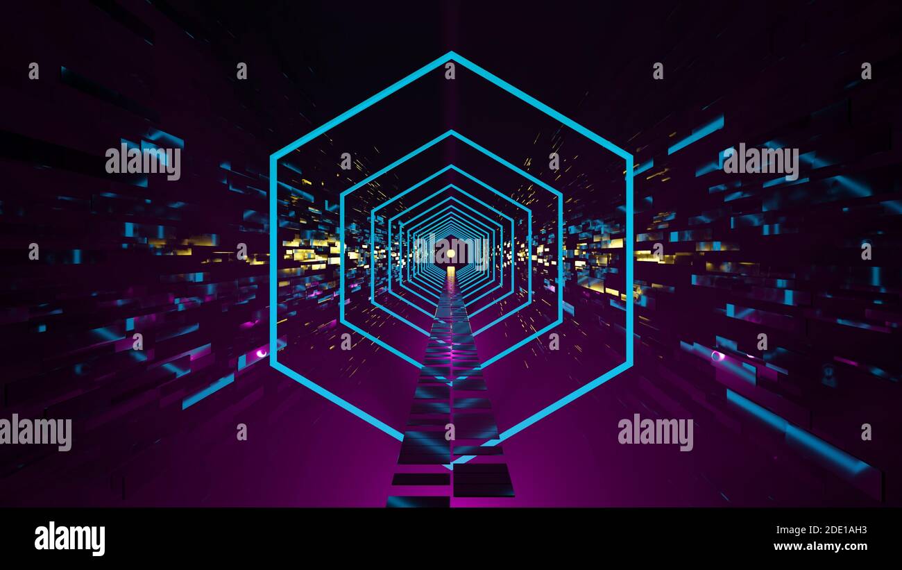 Futuristic tunnel, hexagons with neon lights. Synthwave aesthetic