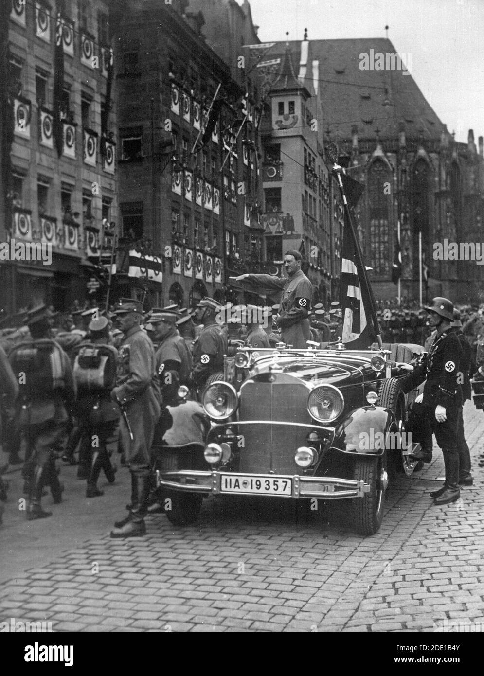Parade of SA troops past Hitler. Nuremberg, Germany, September 1935 Stock Photo