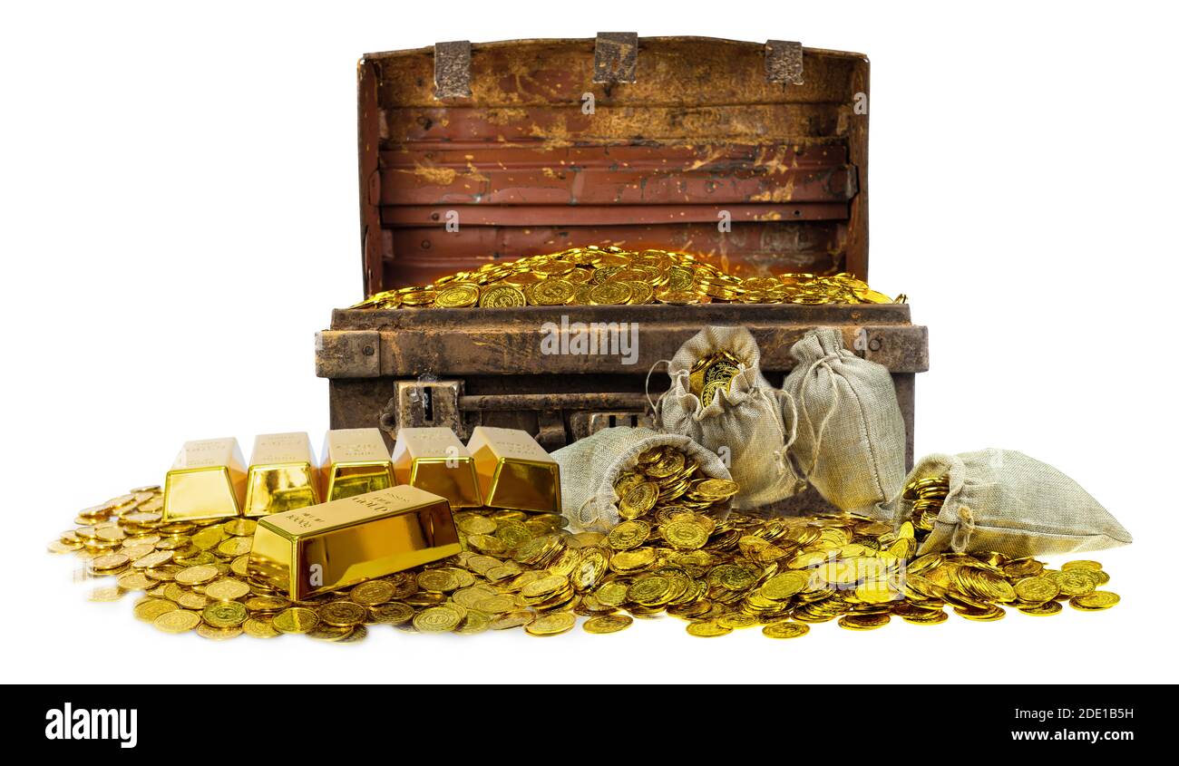 A lot of stacking gold coins in treasure stack and gold bar 1kg on white background Stock Photo