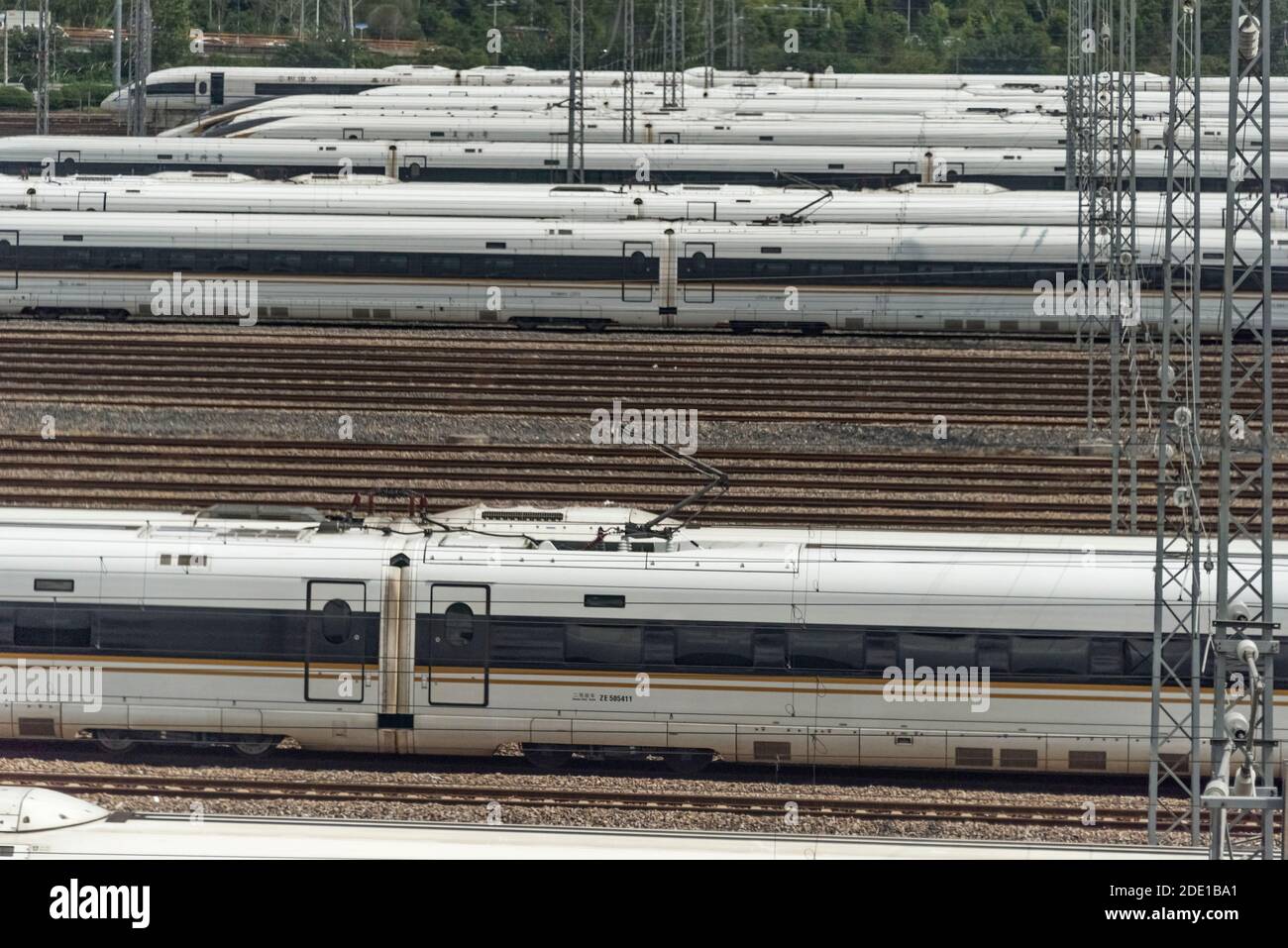 Bullet trains on railway track, Shanghai Hongqiao Train Station, Shanghai, China Stock Photo