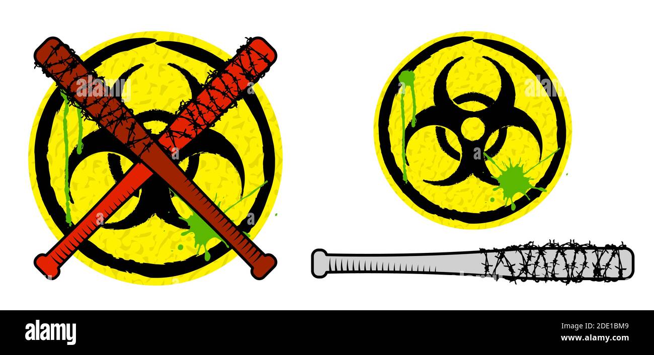 Biohazard sign and baseball bats in barbed wire. Weapons and signs of zombie apocalypse. Survival after apocalypse. Vector Stock Vector