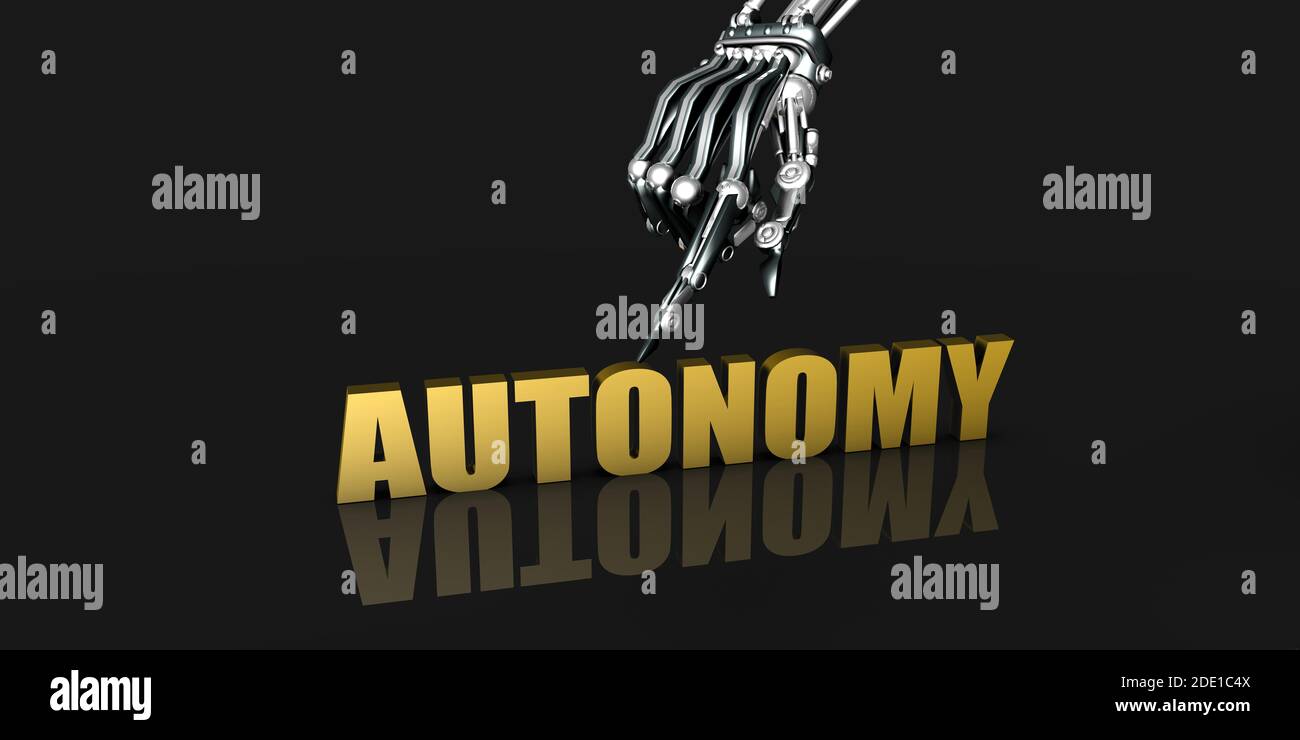 Autonomy Industry with Robotic Hand Pointing on Black Background Stock Photo
