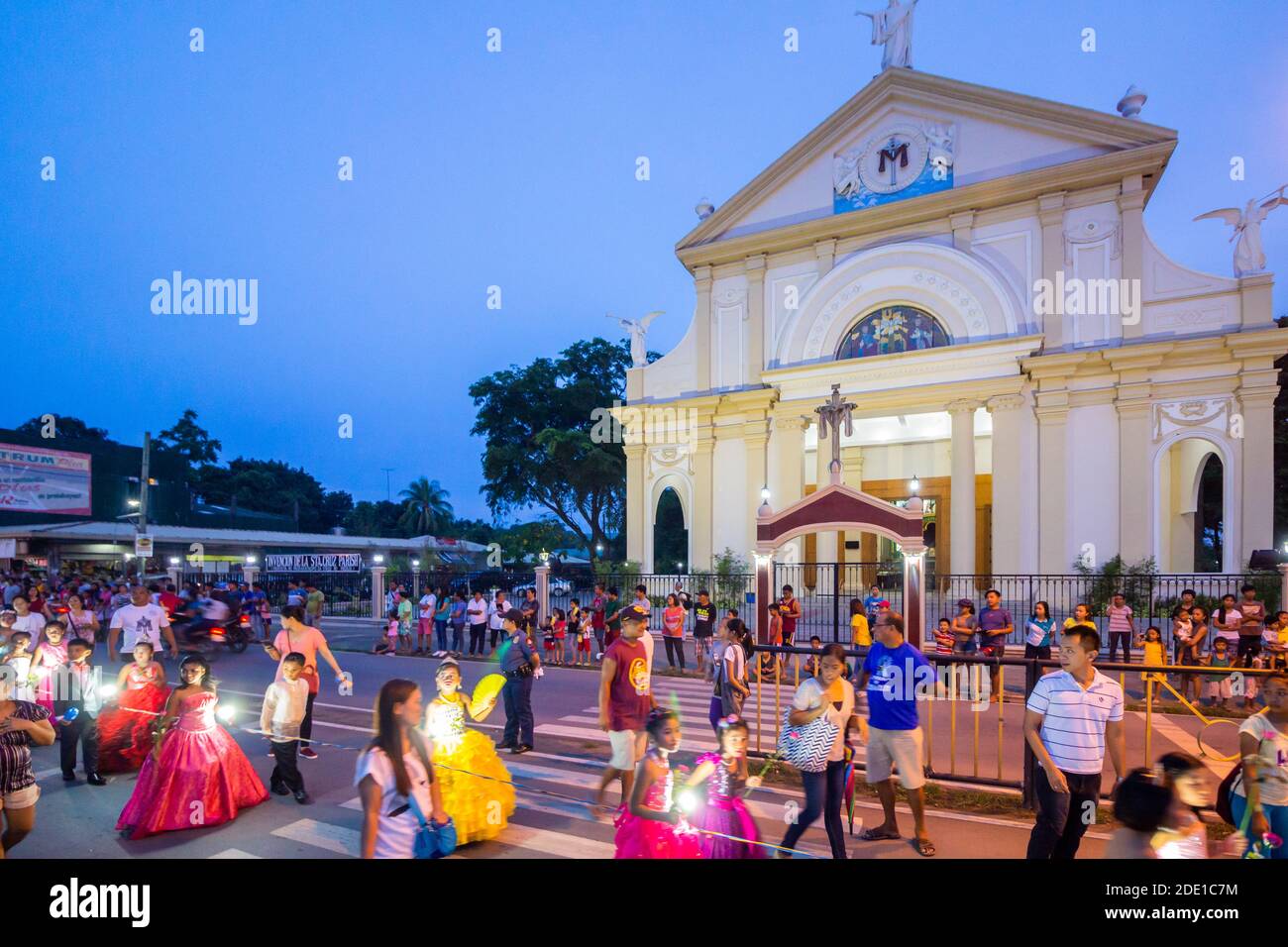 Facade of Alitagtag Church during the May Flower Tapusan Festival in Batangas, Phlippines Stock Photo
