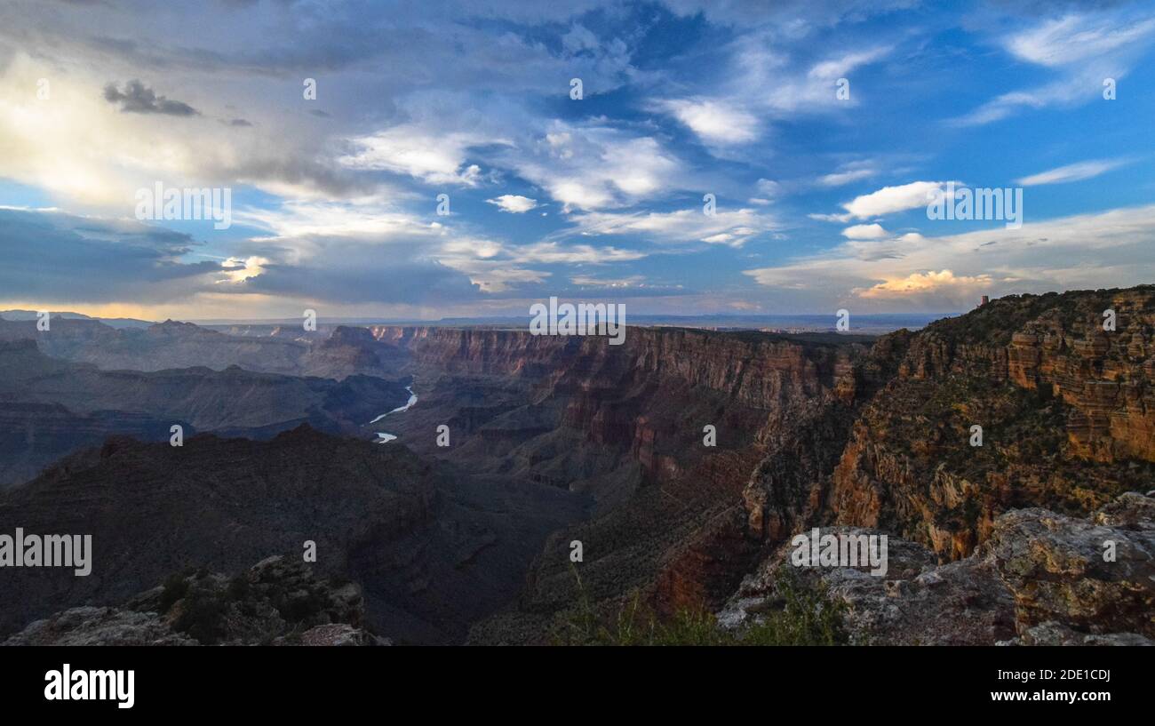 Navajo Point with a view of Desert View Watchtower, South Rim, Grand Canyon National Park, Arizona, USA Stock Photo