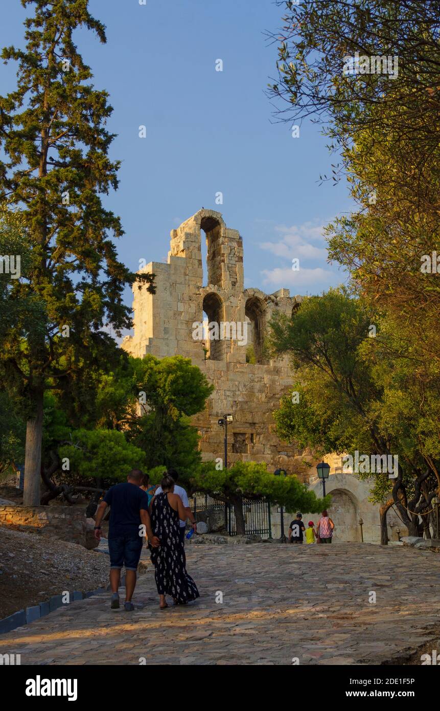 The exterior of the Odeon of Herodes Atticus underneath the Acropolis in Athens Greece Stock Photo